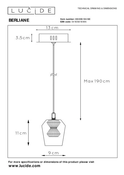 Lucide BERLIANE - Suspension - Ø 12 cm - LED Dim. - 1x4W 2700K - Avec module LED remplaçable - Transparent - technique